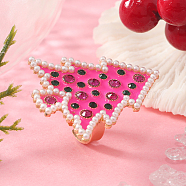 Unique Christmas Tree Alloy Rhinestone Cuff Rings, Enamel Finger Rings for Women, Hot Pink, Inner Diameter: 17mm(HF0793-2)