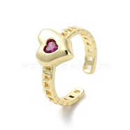 Glass Heart Open Cuff Ring, Real 18K Gold Plated Brass Jewelry for Women, Medium Violet Red, 8.5~16.8mm, US Size 14(23mm)(RJEW-A035-01G-02)