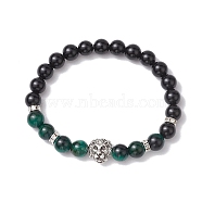 8mm Round Dyed Natural Tiger Eye & Black Onyx Beaded Stretch Bracelets, Lion Alloy Link Bracelets for Women Men, Green, Inner Diameter: 2-1/8 inch(5.5cm)(BJEW-TA00516-02)