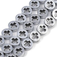 Electroplated Synthetic Non-magnetic Hematite Beads Strands, Flat Round with Hollow Cross, Silver Plated, 8x3mm, Hole: 0.9mm, about 50pcs/strand, 15.94''(40.5cm)(G-K375-A01-01)