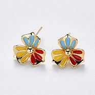 Brass Enamel Stud Earring Findings, with Stainless Steel Pins and Loop, Nickel Free, Flower, Colorful, Real 18K Gold Plated, 12x12mm, Hole: 1mm, Pin: 0.8mm(KK-T049-07G-01-NF)