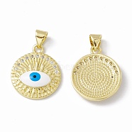 Rack Plating Brass Micro Pave Clear Cubic Zirconia Pendants, with Enamel, Long-Lasting Plated, Cadmium Free & Lead Free, Flat Round with Evil Eye, Real 18K Gold Plated, 20x16.5x4mm, Hole: 4x3mm(ZIRC-C041-23G)
