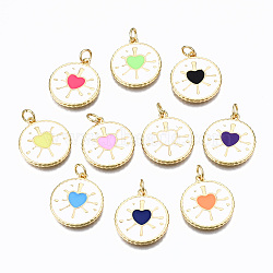Brass Enamel Pendants, with Jump Rings, Real 16K Gold Plated, Cadmium Free & Nickel Free & Lead Free, Flat Round with Heart, Mixed Color, 19.5x17.5x1.5mm, Jump Ring: 5x0.8mm, 3.4mm Inner Diameter(KK-S362-013-NR)