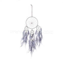 Iron Woven Web/Net with Feather Pendant Decorations, with Plastic Beads, Covered with Leather Cord, Flat Round, Light Grey, 660mm(AJEW-B017-03)