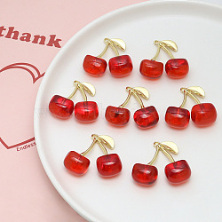 Transparent Resin Imitation Fruit Pendants, Cherry Charm, with Golden Tone Brass Leaf, FireBrick, 28x28mm(INS-PW0001-06)