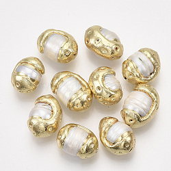 Natural Cultured Freshwater Pearl Beads, with Golden Plated Polymer Clay Edge, Oval, Creamy White, 15~18x10~14x9~12mm, Hole: 0.8mm(RB-T010-15)