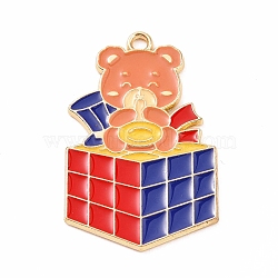 Alloy Enamel Pendants, Magic Cube with Bear Charm, Red, 33x21x1.5mm, Hole: 2mm(ENAM-M055-02G-01)