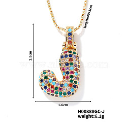 Brass Pave Colorful Cubic Zirconia Letter Pendant Box Chain Necklaces, Golden, Letter J, 15.75 inch(40cm)(NU0575-10)