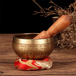 Brass Singing Bowl, Flat Round, with Cloth Mat(Color Random Delivery), Random Color, 80x50mm(PW-WG59D7B-01)