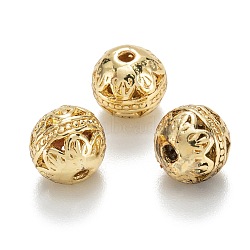 Alloy Hollow Beads, Round with Flower, Cadmium Free & Lead Free, Real 18K Gold Plated, 8x7~8mm, Hole: 1.5~2mm(PALLOY-P238-08G-RS)