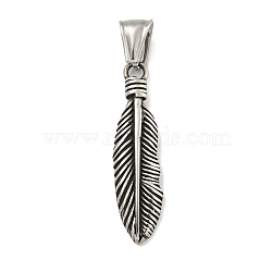 316 Surgical Stainless Steel Pendants, Feather Charm, Antique Silver, 38x10x3mm, Hole: 4x9mm(STAS-E212-43AS)