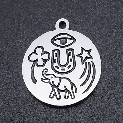 Non-Tarnish 201 Stainless Steel Etched Pendants, Flat Round, Elephant & Clover & Start & Eye, Stainless Steel Color, 22x19x1.5mm, Hole: 1.8mm(STAS-N090-JN812)