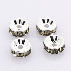 Brass Rhinestone Spacer Beads, Grade A, Straight Flange, Silver Color Plated, Rondelle, Black Diamond, 7x3.2mm, Hole: 1.2mm(RB-A014-Z7mm-12S)