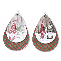 Christmas Theme PU Leather Big Pendants, with Platinum Tone Iron Jump Ring, teardrop, with Father Christmas, Camel, 56.5x37x3mm, Hole: 5mm(FIND-R080-06)
