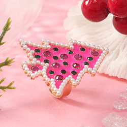 Unique Christmas Tree Alloy Rhinestone Cuff Rings, Enamel Finger Rings for Women, Hot Pink, Inner Diameter: 17mm(HF0793-2)