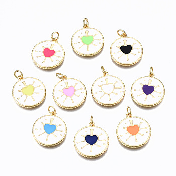 Brass Enamel Pendants, with Jump Rings, Real 16K Gold Plated, Cadmium Free & Nickel Free & Lead Free, Flat Round with Heart, Mixed Color, 19.5x17.5x1.5mm, Jump Ring: 5x0.8mm, 3.4mm Inner Diameter