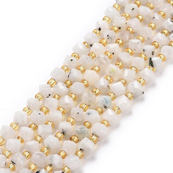 Natural Rainbow Moonstone Beads Strands, with Seed Beads, Faceted, Diagonal Cube Beads, 5~6x5~6x4~5mm, Hole: 1mm, about 49~55pcs/strand, 15.35''~15.75''(39~40cm)