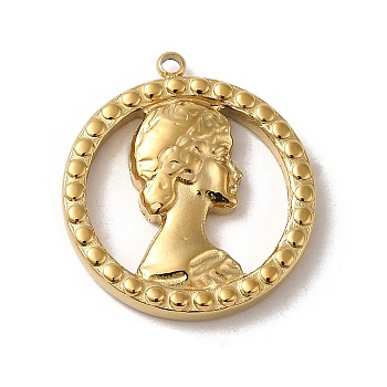 304 Stainless Steel Pendants, Ring with Woman Pattern Charm, Real 14K Gold Plated, 22.5x20x3mm, Hole: 1.5mm