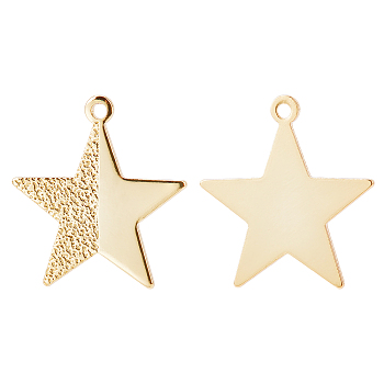 20Pcs Brass Pendants, Long-Lasting Plated, Textured, Star, Real 18K Gold Plated, 16x15x1mm, Hole: 1mm