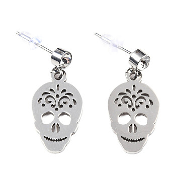 201 Stainless Steel Dangle Stud Earrings, with Clear Cubic Zirconia, Skull, Stainless Steel Color, 24mm, Pin: 0.8mm
