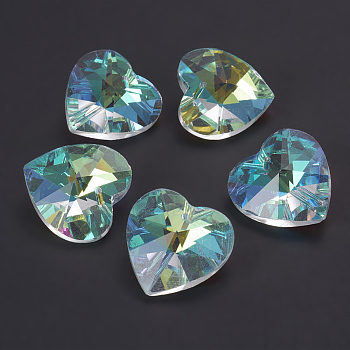 Glass Pendants, Faceted Heart, Clear AB, AB Color Plated, 28mmx13mm, hole: 1.5mm