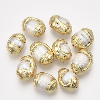 Natural Cultured Freshwater Pearl Beads, with Golden Plated Polymer Clay Edge, Oval, Creamy White, 15~18x10~14x9~12mm, Hole: 0.8mm