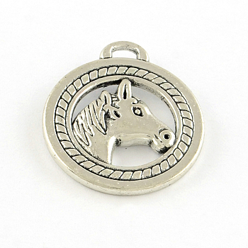 Tibetan Style Alloy Pendants, Flat Round with Horse Head, Cadmium Free & Lead Free, Antique Silver, 28x25x4mm, Hole: 3.5mm, about 160pcs/1000g