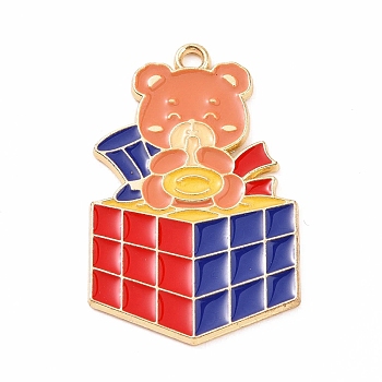 Alloy Enamel Pendants, Magic Cube with Bear Charm, Red, 33x21x1.5mm, Hole: 2mm