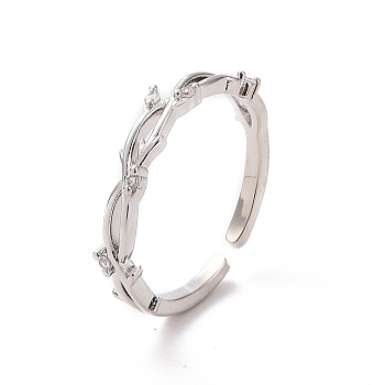 Clear Cubic Zirconia Branch Open Cuff Ring, Brass Jewelry for Women, Platinum, Inner Diameter: 17.6mm
