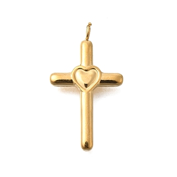 PVD Vacuum Plating 201 Stainless Steel Pendants, Cross with Heart Charm, Real 18K Gold Plated, 21.5x12x2mm, Hole: 1.8mm