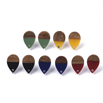 Resin & Walnut Wood Stud Earring Findings, with 304 Stainless Steel Pin, Teardrop, Mixed Color, 17x11mm, Hole: 1.8mm, Pin: 0.7mm