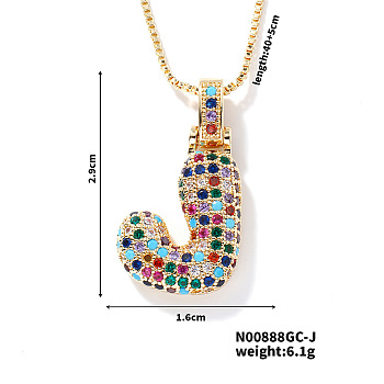 Brass Pave Colorful Cubic Zirconia Letter Pendant Box Chain Necklaces, Golden, Letter J, 15.75 inch(40cm)