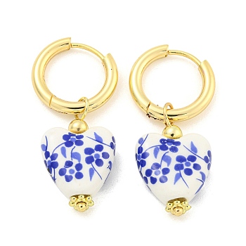 Handmade Porcelain Blue and White Porcelain Heart Hoop Earrings, 304 Stainless Steel Dangle Earrings for Women, Golden, 36.5x15mm