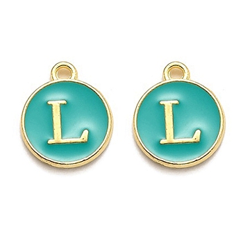 Golden Plated Alloy Enamel Charms, Enamelled Sequins, Flat Round with Alphabet, Letter.L, Green, 14x12x2mm, Hole: 1.5mm