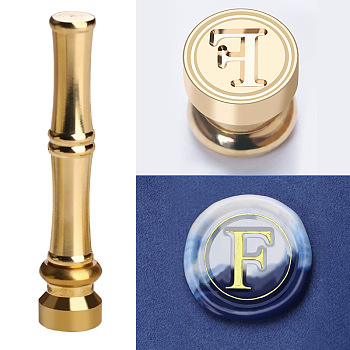 Golden Tone Brass Wax Seal Stamp Head with Bamboo Stick Shaped Handle, for Greeting Card Making, Letter F, 74.5x15mm