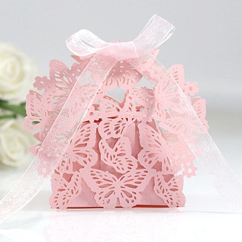 Creative Folding Wedding Candy Cardboard Boxes, Small Paper Gift Boxes, Hollow Butterfly with Ribbon, Pink, Fold: 6.3x4x4cm