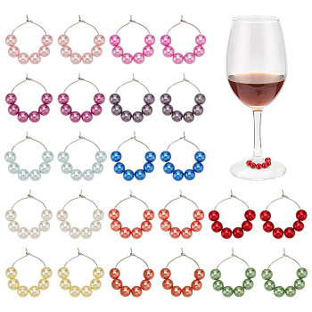 24Pcs 12 Color Acrylic Imitation Pearl Round Beaded Wine Glass Charms, with Brass Hoop Earring Findings, Mixed Color, 33mm, 2pcs/color