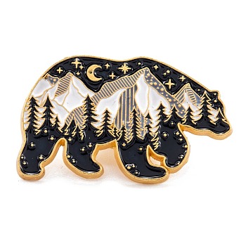 Alloy Enamel Brooches, Enamel Pin, with Butterfly Clutches, Bear with Snow Mountain, Black, Golden, 17.5x28.5mm