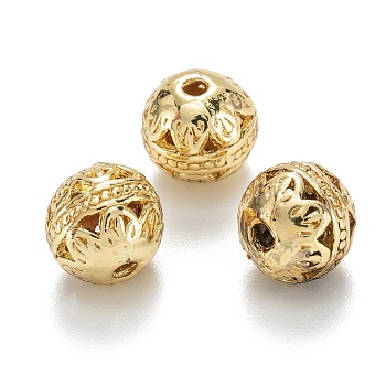 Alloy Hollow Beads, Round with Flower, Cadmium Free & Lead Free, Real 18K Gold Plated, 8x7~8mm, Hole: 1.5~2mm