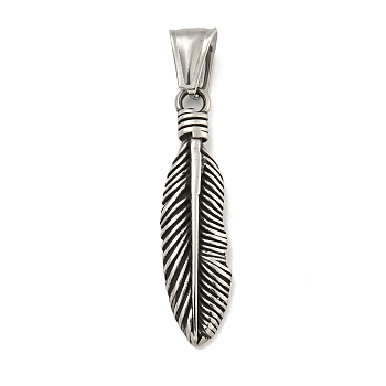 316 Surgical Stainless Steel Pendants, Feather Charm, Antique Silver, 38x10x3mm, Hole: 4x9mm