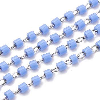 TOHO Japan Import Seed Beads, Handmade Glass Beaded Chains, Soldered, with Spool, with Stainless Steel Findings, Column, Stainless Steel Color, Cornflower Blue, 2mm, about 26.24 Feet(8m)/strand