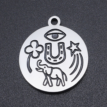 201 Stainless Steel Etched Pendants, Flat Round, Elephant & Clover & Start & Eye, Stainless Steel Color, 22x19x1.5mm, Hole: 1.8mm