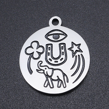 Non-Tarnish 201 Stainless Steel Etched Pendants, Flat Round, Elephant & Clover & Start & Eye, Stainless Steel Color, 22x19x1.5mm, Hole: 1.8mm