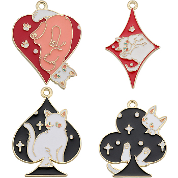 24Pcs 4 Style Alloy Enamel Pendants, Light Gold, Club/Spade/Diamond/Heart with Cat Pattern Charm, Mixed Color, 32.5~36x22~27x1~1.5mm, Hole: 1.8mm, 6pcs/style