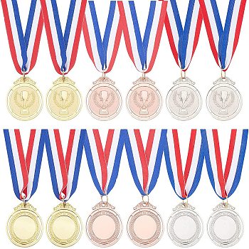 AHANDMAKER 12Pcs 3 Colors Zinc Alloy Medal, with Polester Belt, Flat Round with Challenge Cup, Mixed Color, 471mm, 4pcs/color