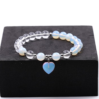 Round Opalite & Quartz Crystal Beaded Stretch Bracelets, Heart Charm Bracelets for Women