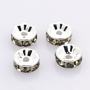 Brass Rhinestone Spacer Beads, Grade A, Straight Flange, Silver Color Plated, Rondelle, Black Diamond, 7x3.2mm, Hole: 1.2mm