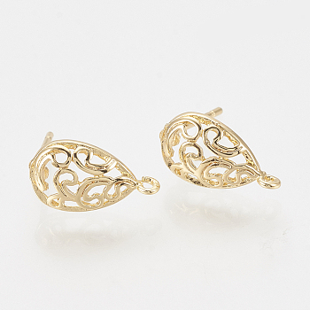 Brass Ear Stud Findings, with Loop, Teardrop, Nickel Free, Real 18K Gold Plated, 13x7.5mm, Hole: 1mm, Pin: 0.8mm