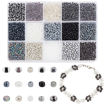 Elite 195G 15 Styles Glass Seed Beads, Trans. Colours Lustered & Transparent Colours Rainbow & Metallic & Silver Lined & Ceylon & Baking Paint, Round, Black, 3~4mm, Hole: 0.8~1mm, 13g/style