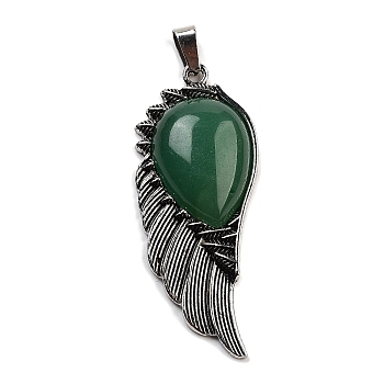 Natural Green Aventurine Big Pendants, Wing Charms with Alloy Findings, Antique Silver, 56.5~57x22.5~23x7~8mm, Hole: 4x8.5mm